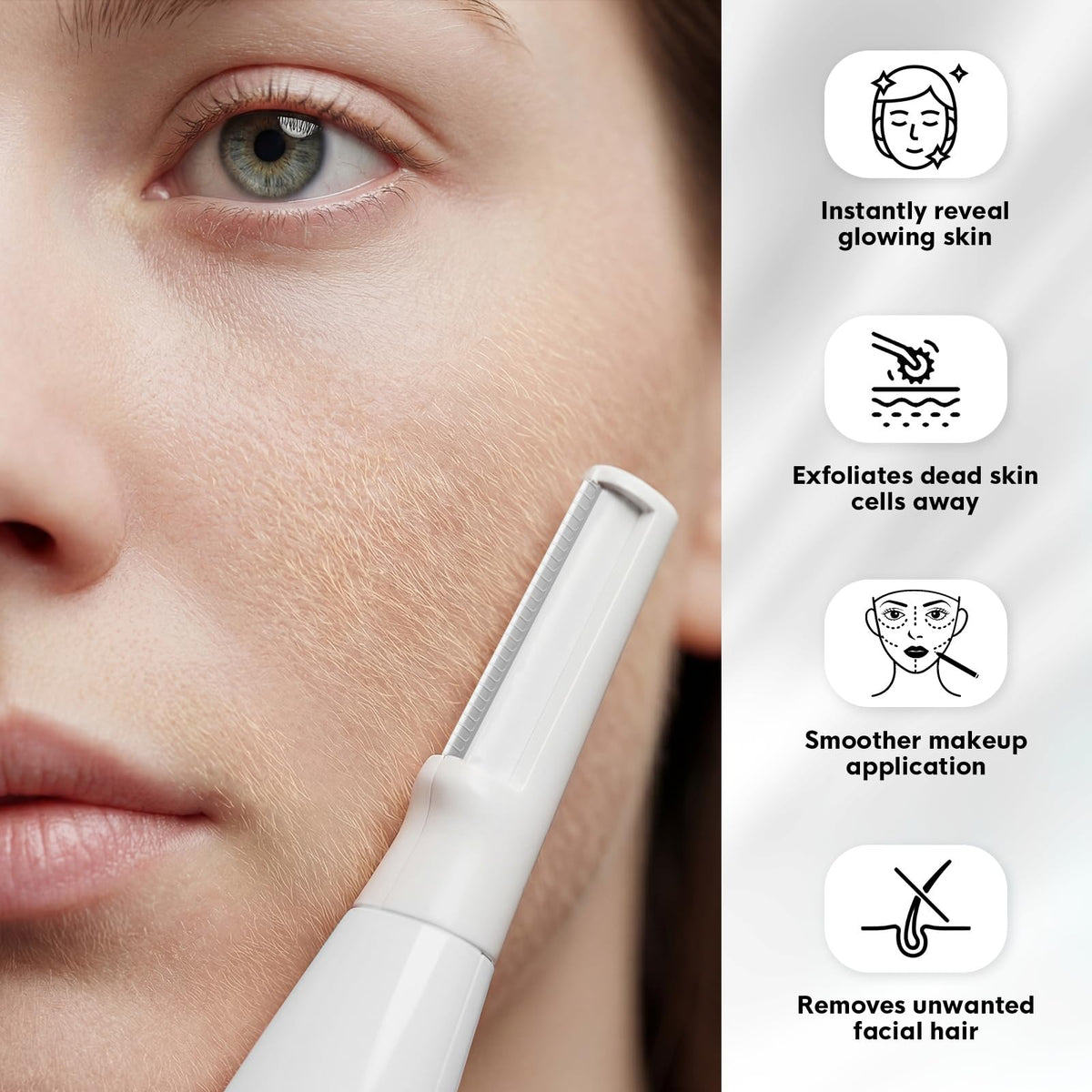 Closeup of Skinharbor Sonic Dermaplane Razor in use on skin