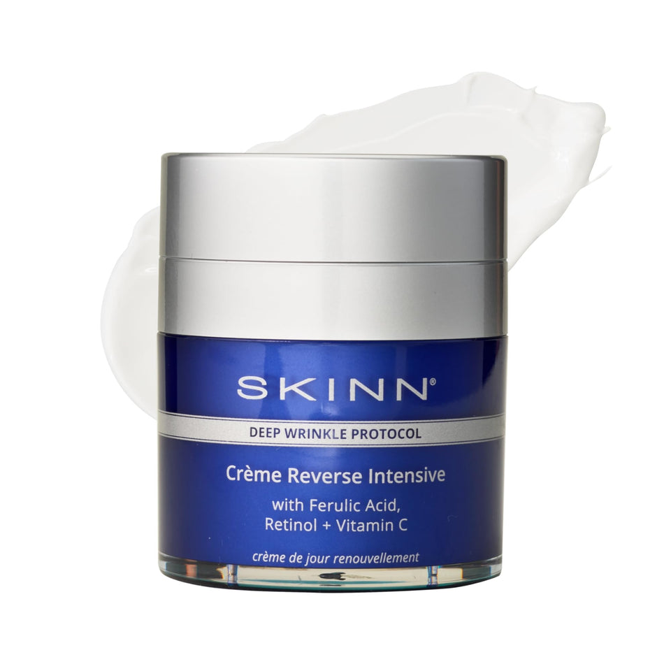 SKINN Crème Reverse bottle-front view showing premium anti-aging formula for daily care.