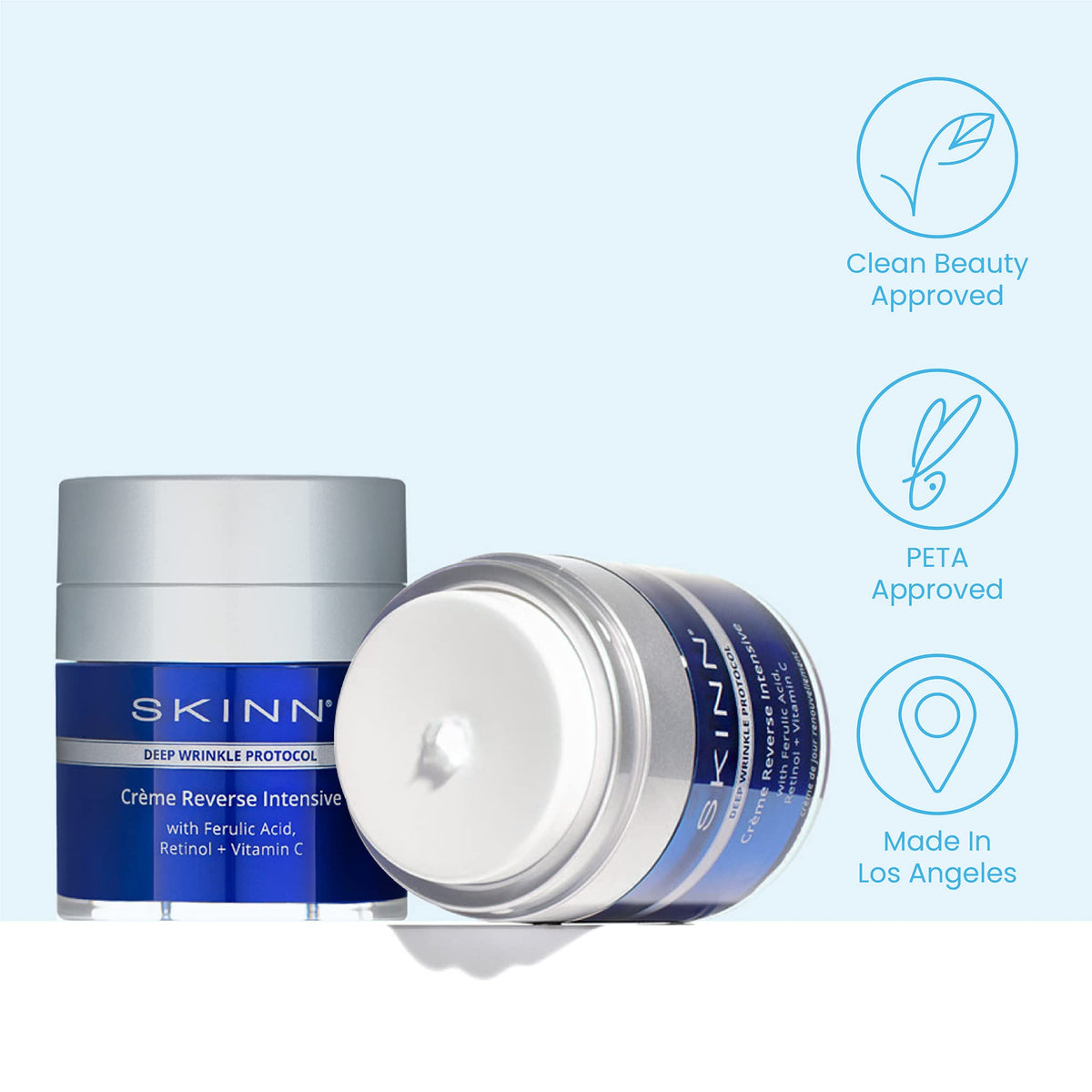 SKINN Crème Reverse bottle-setup on vanity emphasizes clean, cruelty-free skincare.