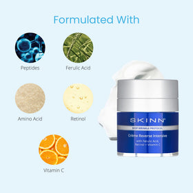 SKINN Crème Reverse ingredients-foil highlights Ferulic Acid, Retinol and Vitamin C in the formula.