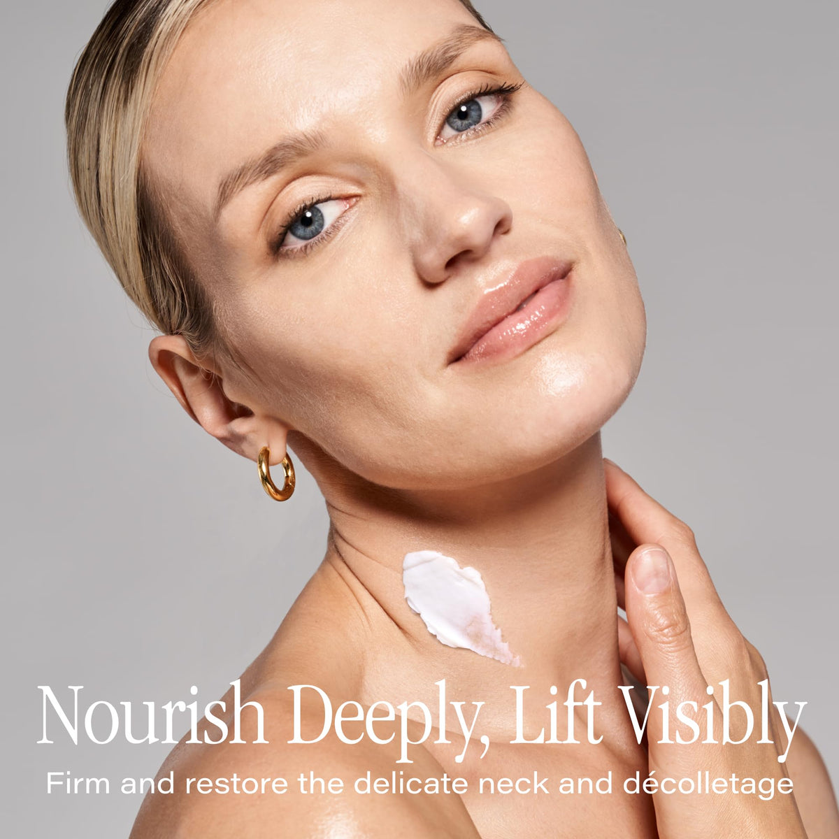 Close-up of SKINN neck cream overnight mask on the neck