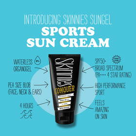 Skinnies Conquer sun gel application reveals invisible layer on skin.