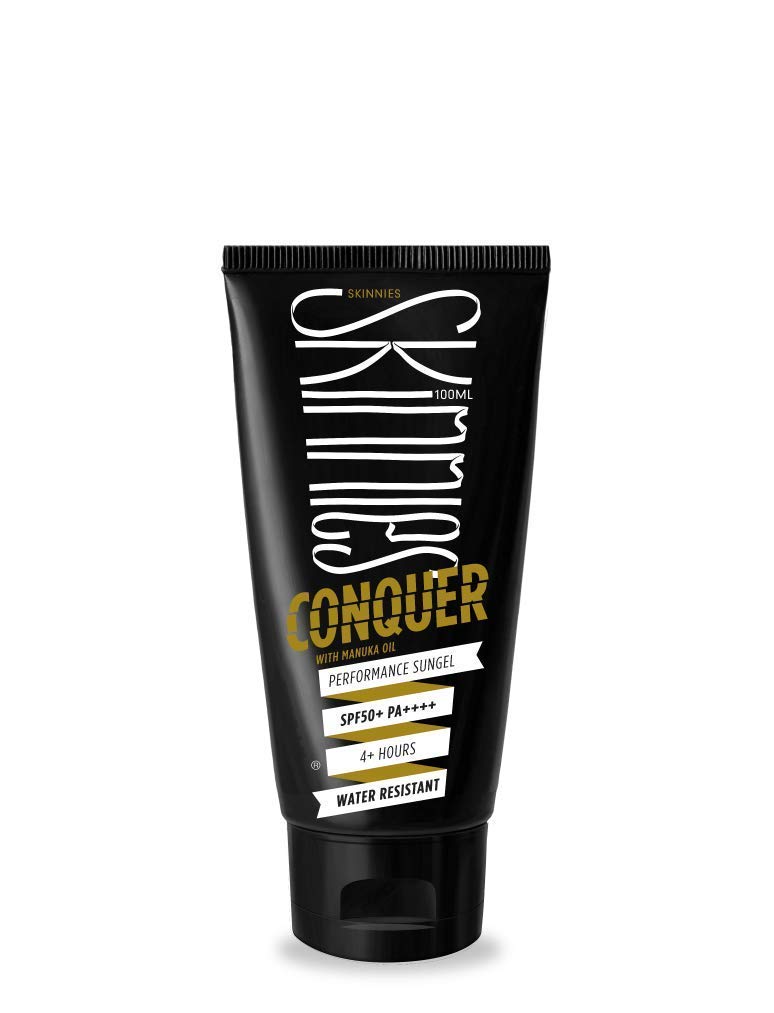 Skinnies Conquer sun gel bottle shows reef-safe SPF50+ protection.