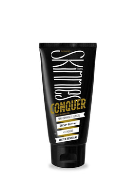 Skinnies Conquer sun gel bottle shows reef-safe SPF50+ protection.
