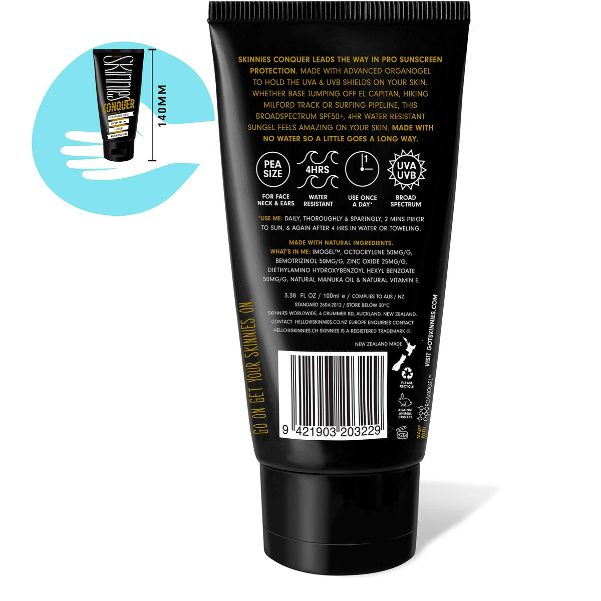 Skinnies Conquer sun gel dispense demonstrates easy pea-sized application.