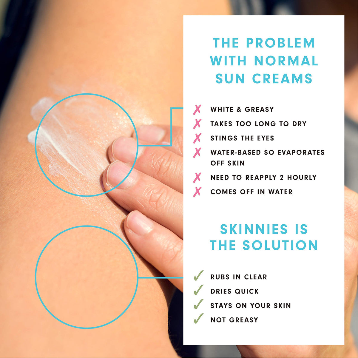 Skinnies Conquer sun gel spread enables even coverage on face and neck.