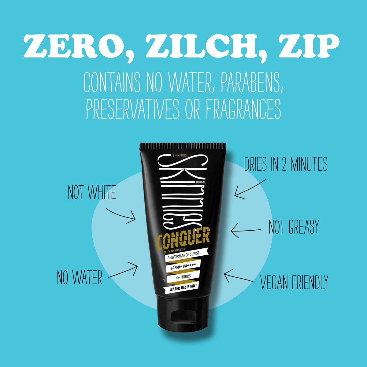 Skinnies Conquer sun gel texture highlights non-greasy feel during activity.