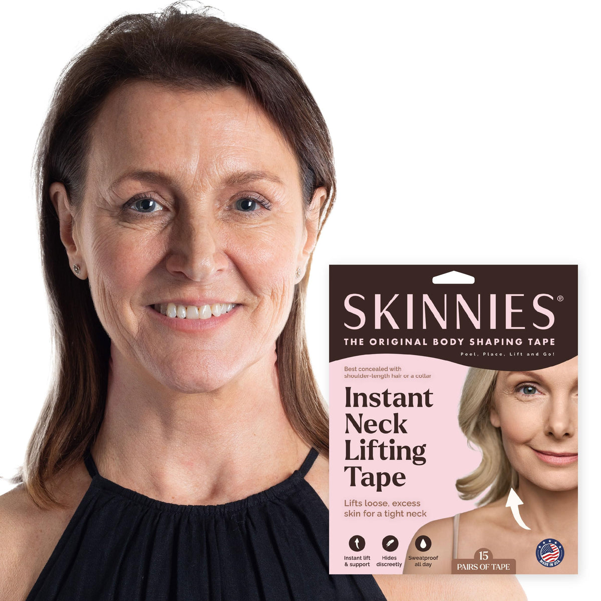 Skinnies neck tape application close-up showing instant lift for smoother neck lines
