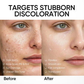 Product in use shows application on skin for brightening and smoother tone
