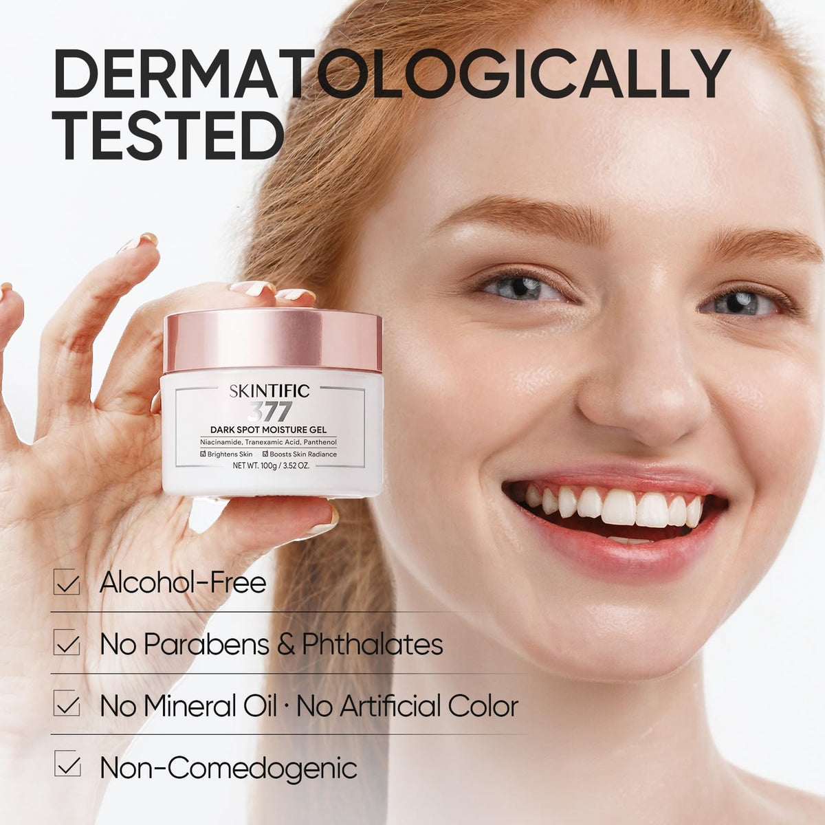 Dermatologist-validated formula text panel reinforces skin-safe daily use