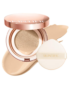 SKINTIFIC full-coverage cushion bottle closeup shows rich pigment for a flawless look.