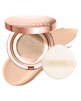 SKINTIFIC full coverage cushion bottle with satin glow and long wear.
