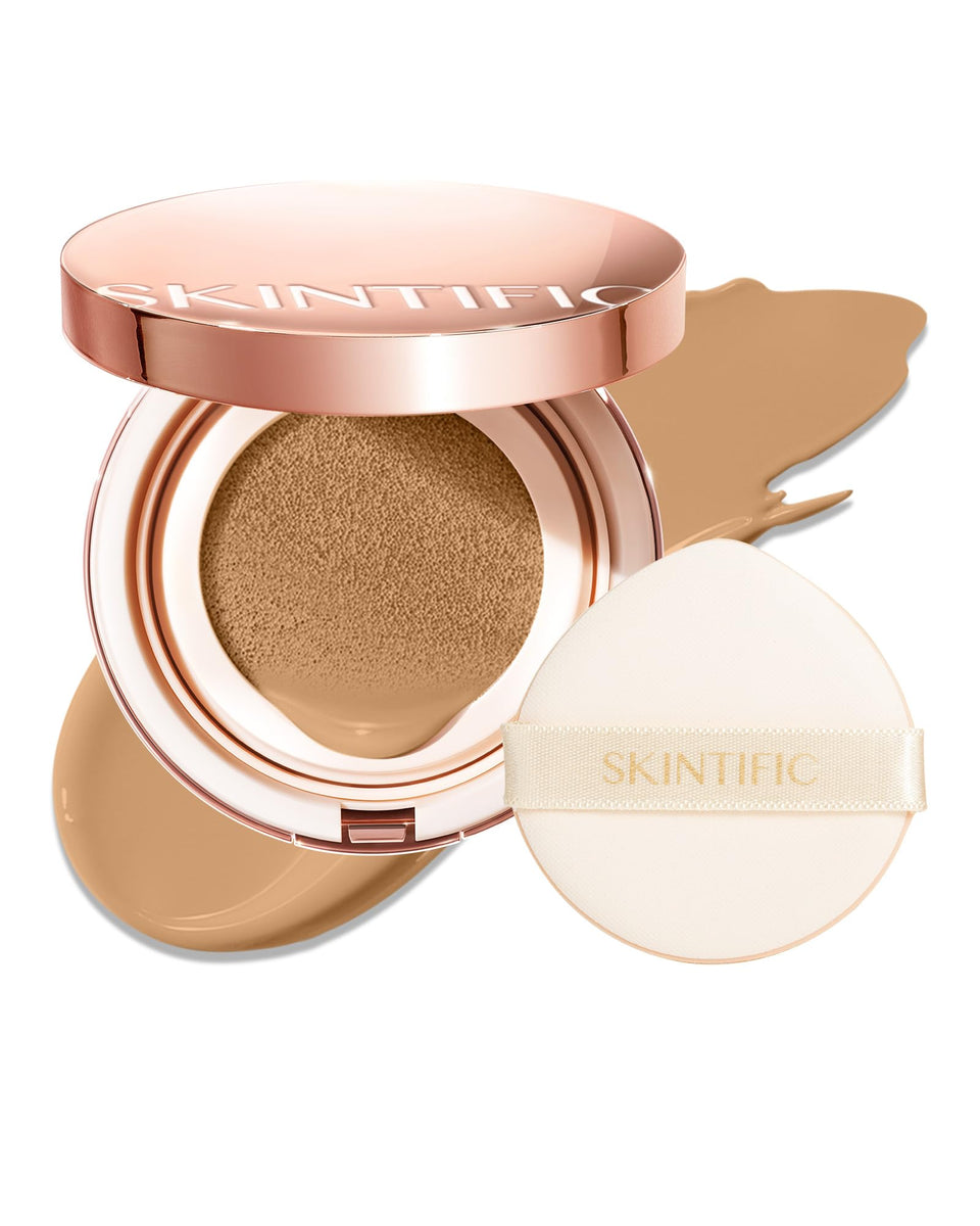 SKINTIFIC Full Coverage Cushion Golden Almond compact delivers dramatic coverage with a skin-like satin glow.