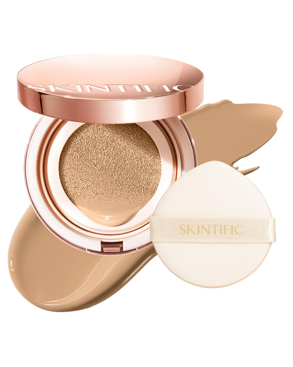 Skintific full-coverage cushion sand packaging showcases easy, long-lasting coverage.