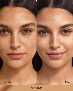 Skintific full-coverage cushion sand swatches on cheek demonstrate buildable coverage.