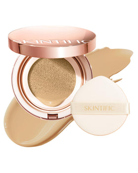 SKINTIFIC full-coverage cushion in Shell Beige bottle delivers flawless coverage
