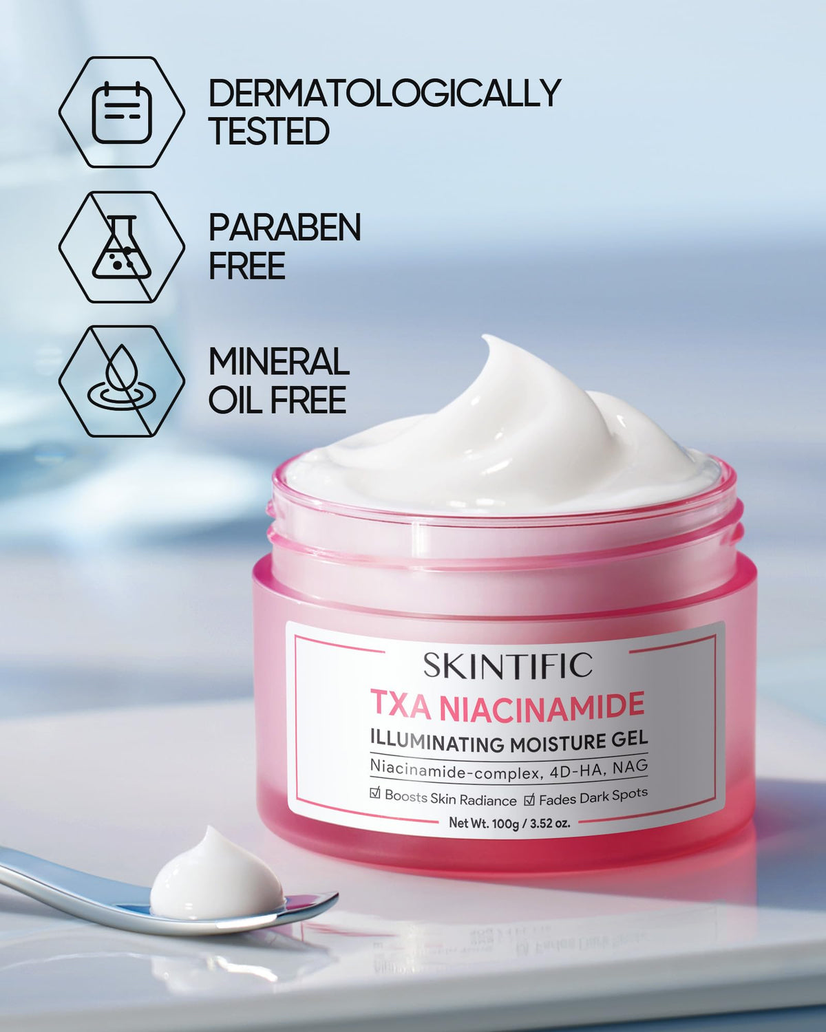 Ingredient chart for SKINTIFIC MSH Niacinamide Brightening Cream highlights hydration.