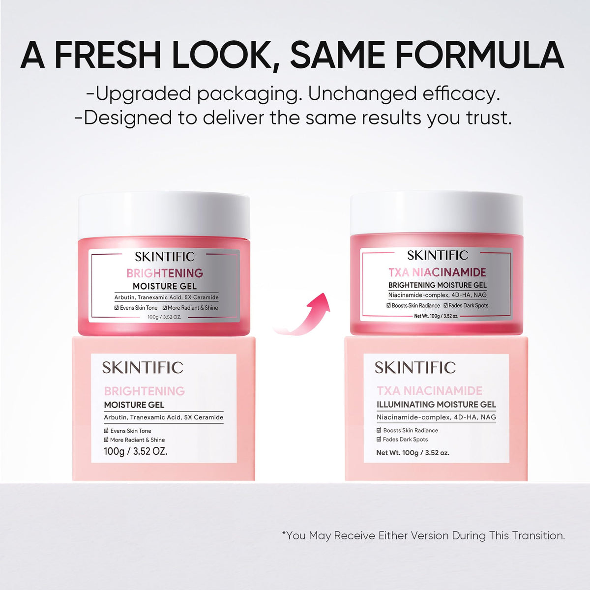 Packaging update note for SKINTIFIC MSH Niacinamide Brightening Cream variant.