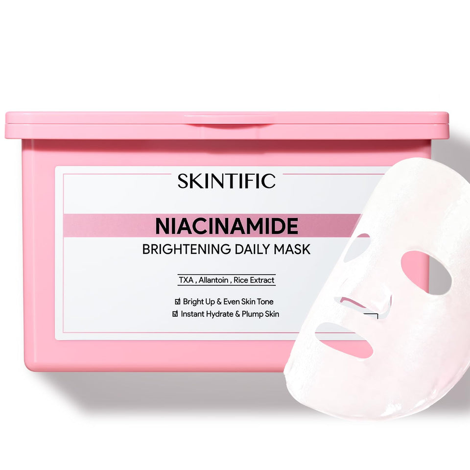 SKINTIFIC Niacinamide Brightening Sheet Mask box with 30 pre-soaked sheets for daily care.