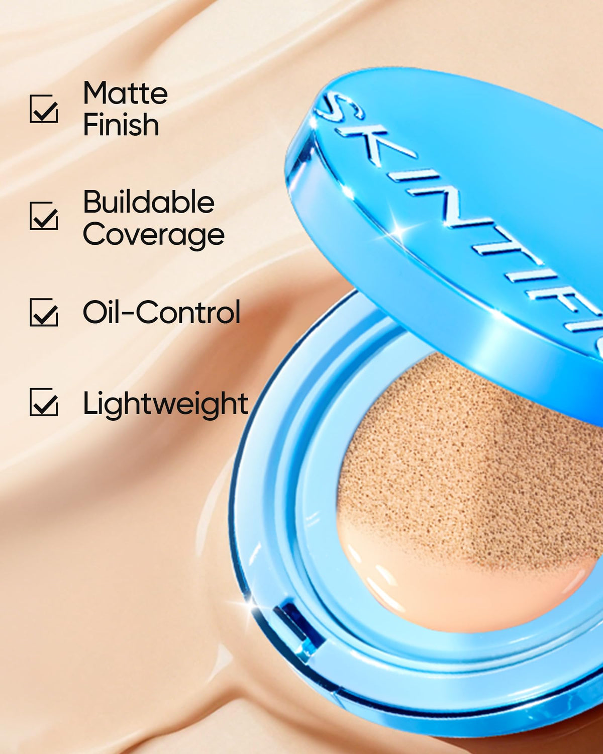 SKINTIFIC Velvet Matte Cushion on skin delivers a natural matte finish