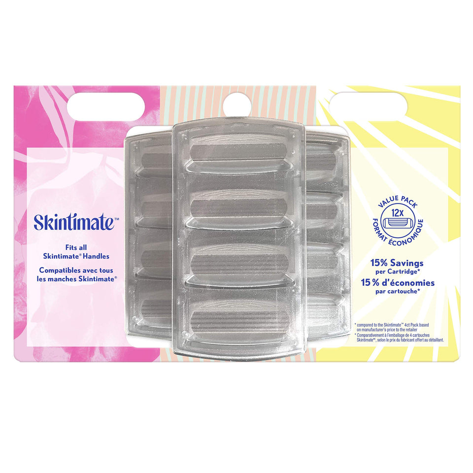 Skintimate 4-blade razor refill close-up showing Aloe and Vitamin E for a smoother shave.