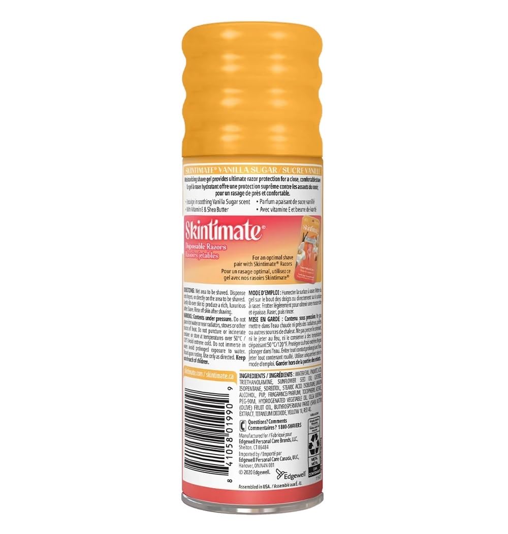 Skintimate Vanilla Sugar Shave Gel bottle closeup highlights moisturizing formula with vitamin E and shea butter.