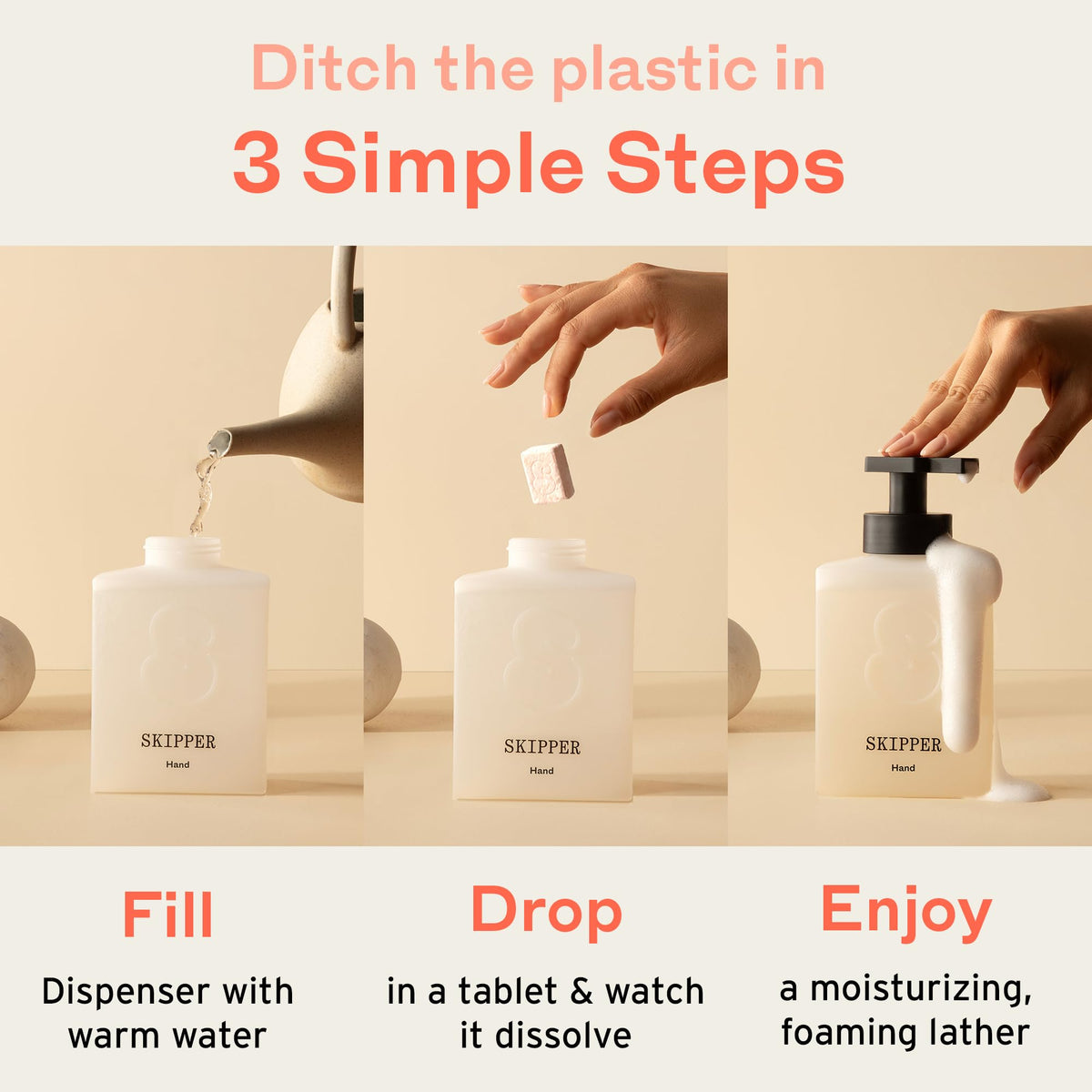 Skipper compostable packaging shown with tablets for eco-friendly refills.