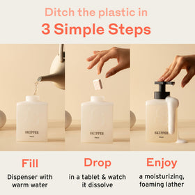 Skipper compostable packaging shown with tablets for eco-friendly refills.