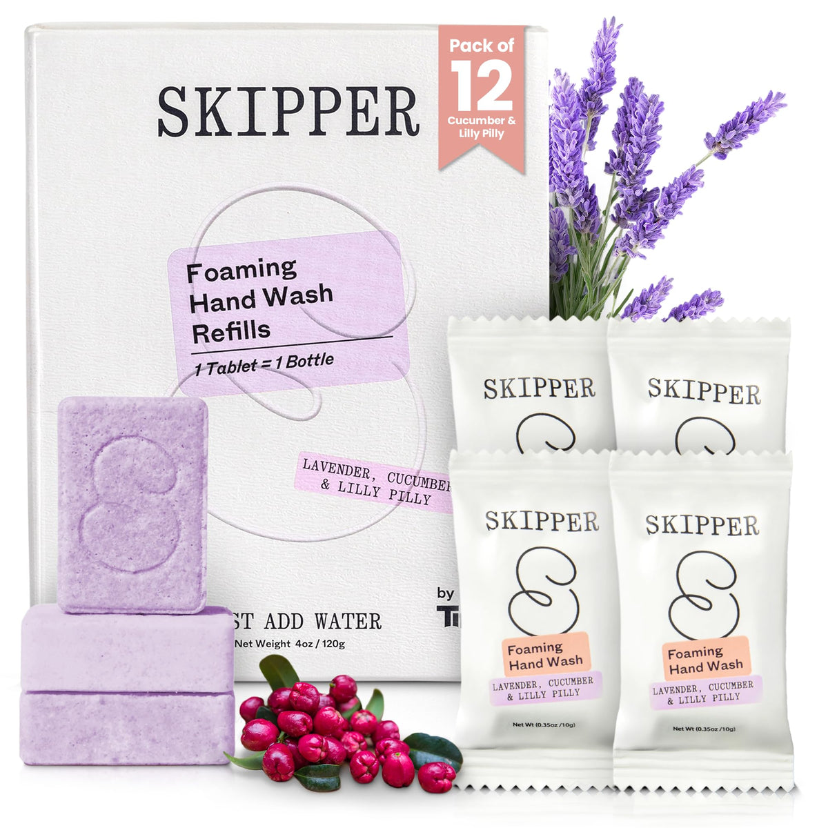 Skipper foaming hand soap tablet dissolving in water for quick refills.