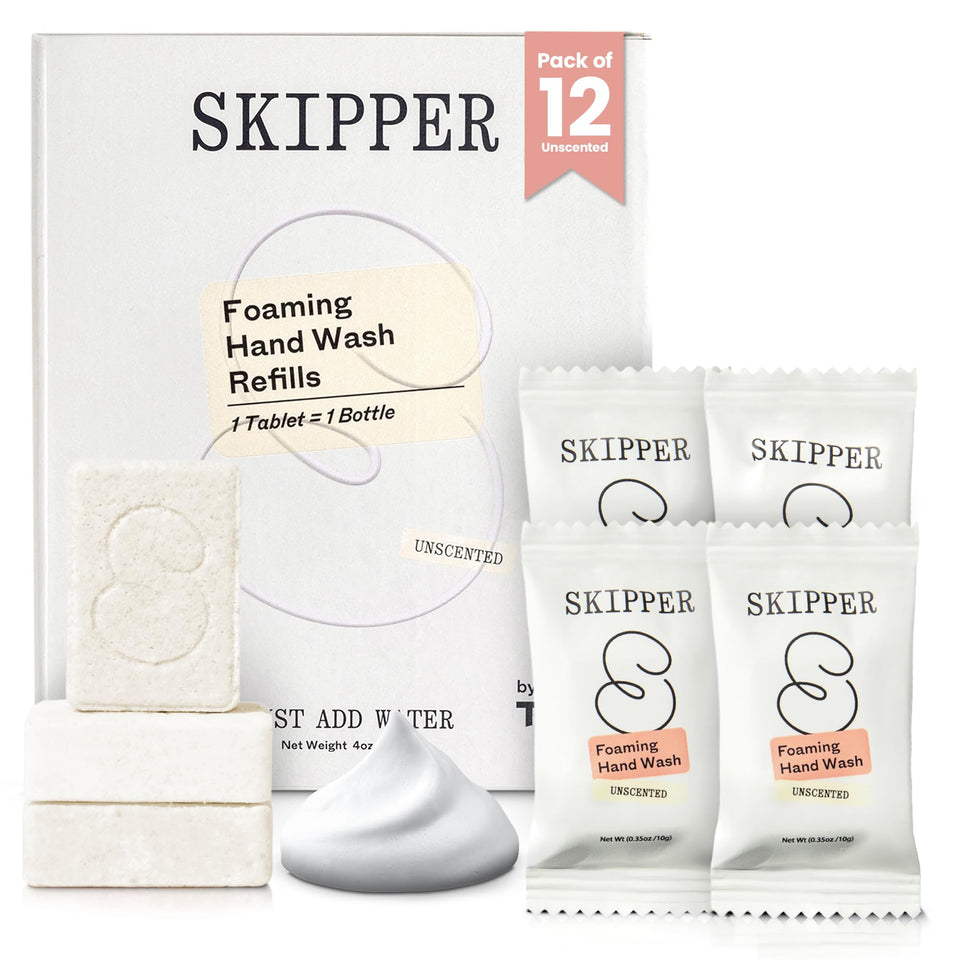 Skipper tablet refills dropped into water to create foaming hand soap.