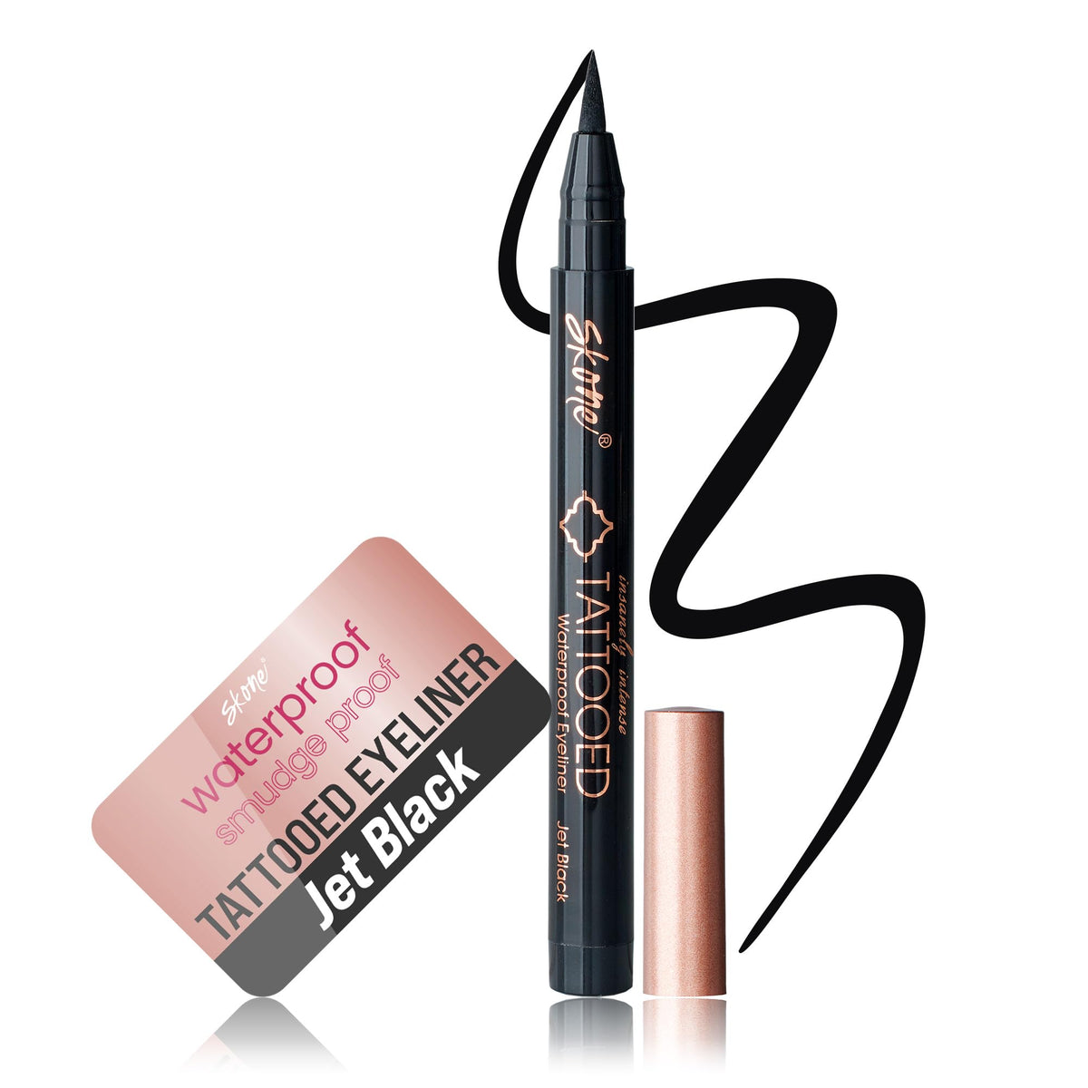Skone waterproof liquid eyeliner in jet black close-up for bold definition.