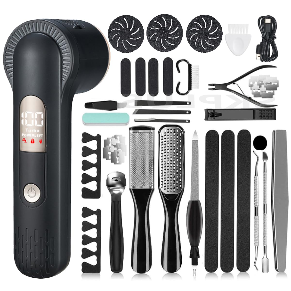 SKPLUS electric callus remover, front view, compact design for easy storage
