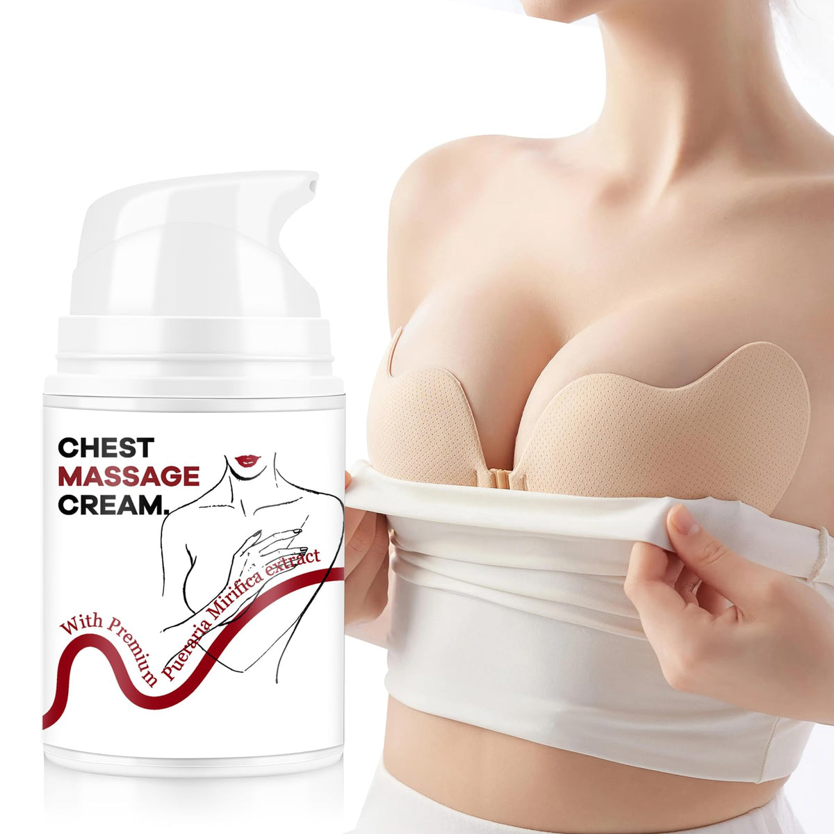 SKSOYT Breast Enhancement Cream bottle closeup shows gentle daily-care formula for smoother skin.