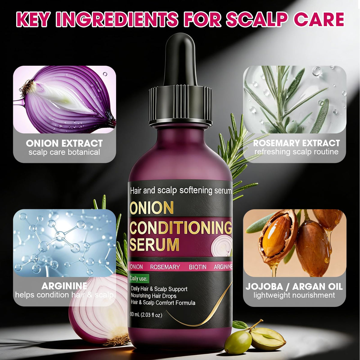 SKSOYT Onion Hair Growth Serum texture close-up shows light absorption.