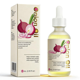 SKSOYT Onion Oil bottle label showcasing a nourishing blend for daily scalp care.