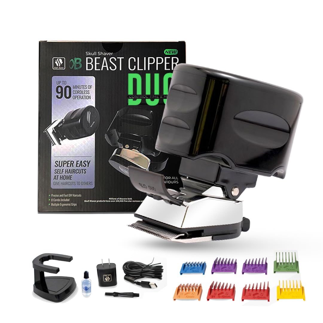 Skull Shaver Beast Clipper Duo packshot shows a complete home grooming kit.