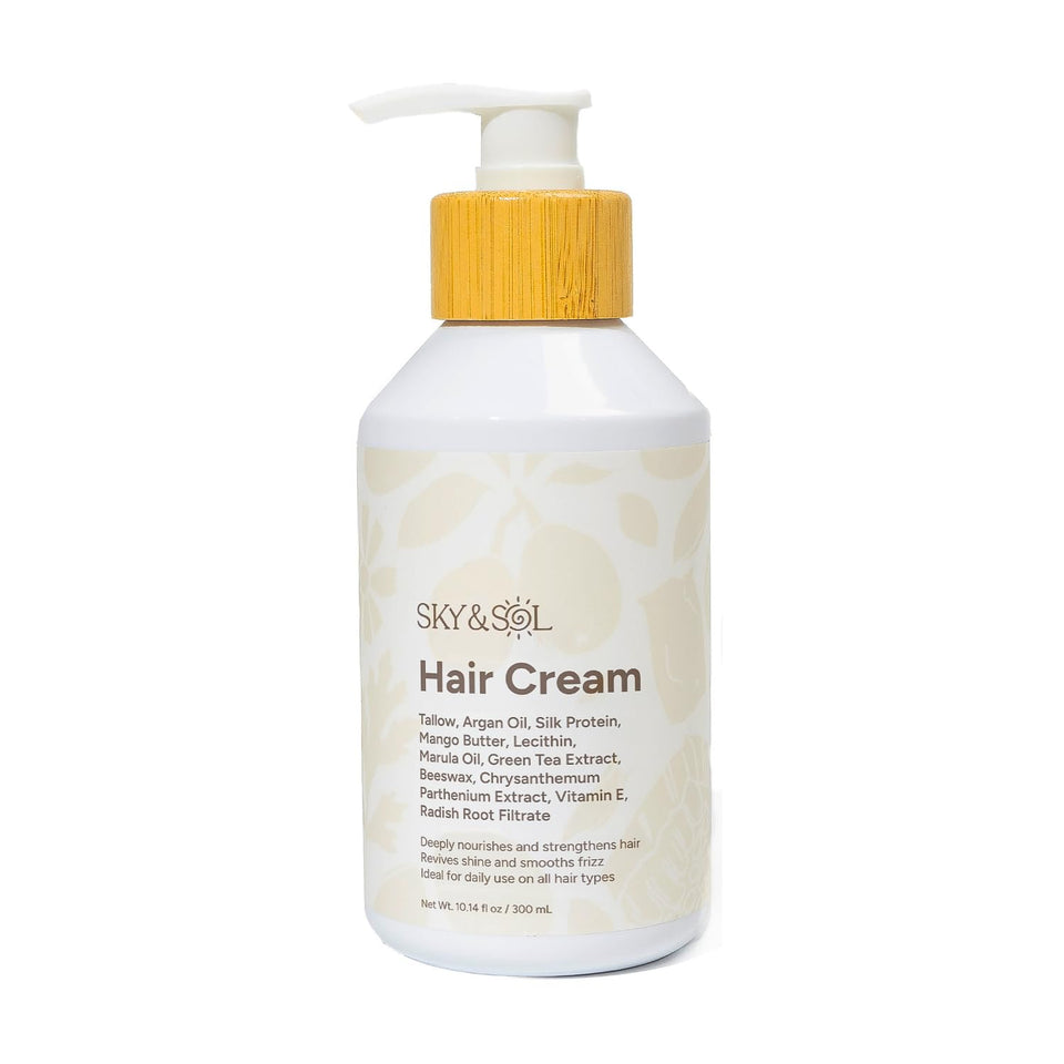 Sky and Sol Leave-In Conditioner bottle close-up for deep moisture and shine.