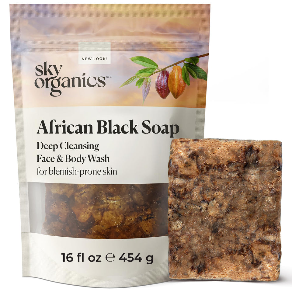 Sky Organics African Black Soap Bar 16oz with cocoa pod ash for deep cleansing.