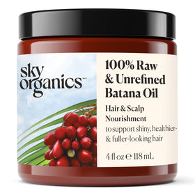 Sky Organics Batana Oil bottle highlights rich nourishment for hair and scalp.