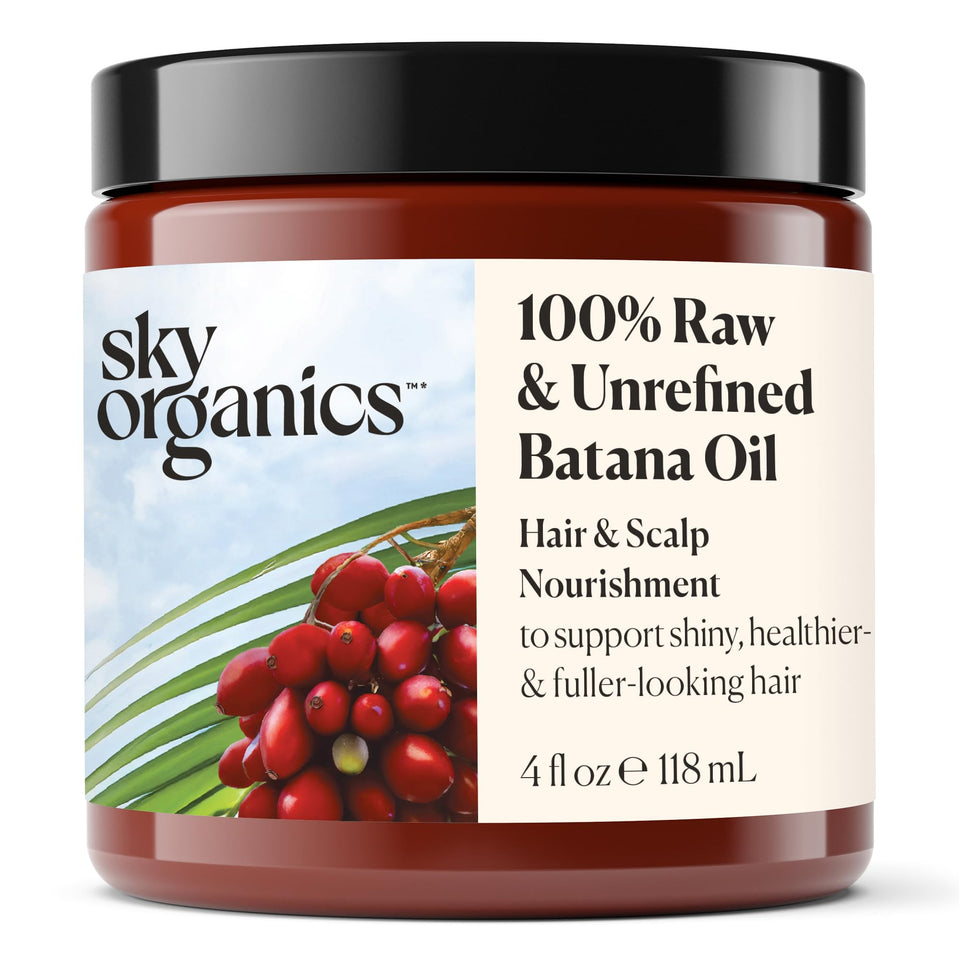 Sky Organics Batana Oil bottle highlights rich nourishment for hair and scalp.
