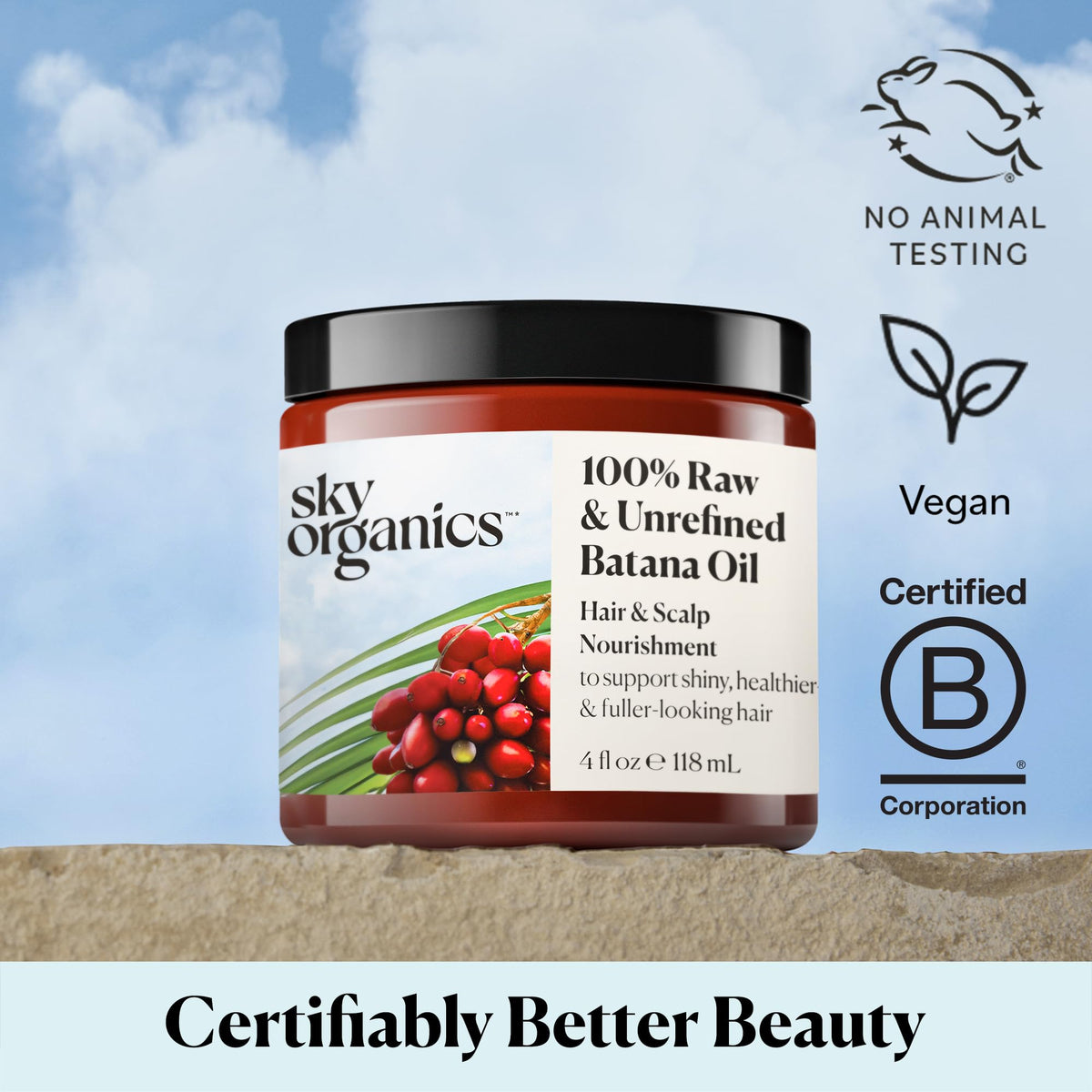Sky Organics Batana Oil hair application on strands hints at refreshed shine.