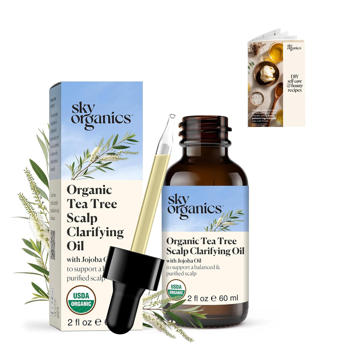 Close-up of Sky Organics Tea Tree ingredients highlighting purifying scalp blend