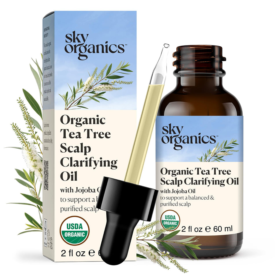 Sky Organics Tea Tree Scalp Clarifying Oil bottle shown for balanced scalp care