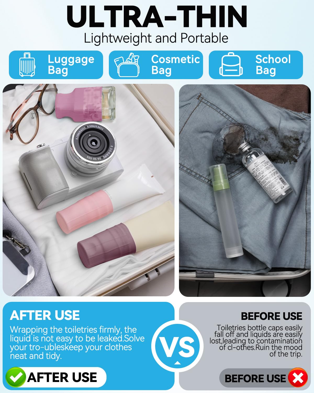 Elastic sleeves install easily and grip bottles securely to prevent leaks