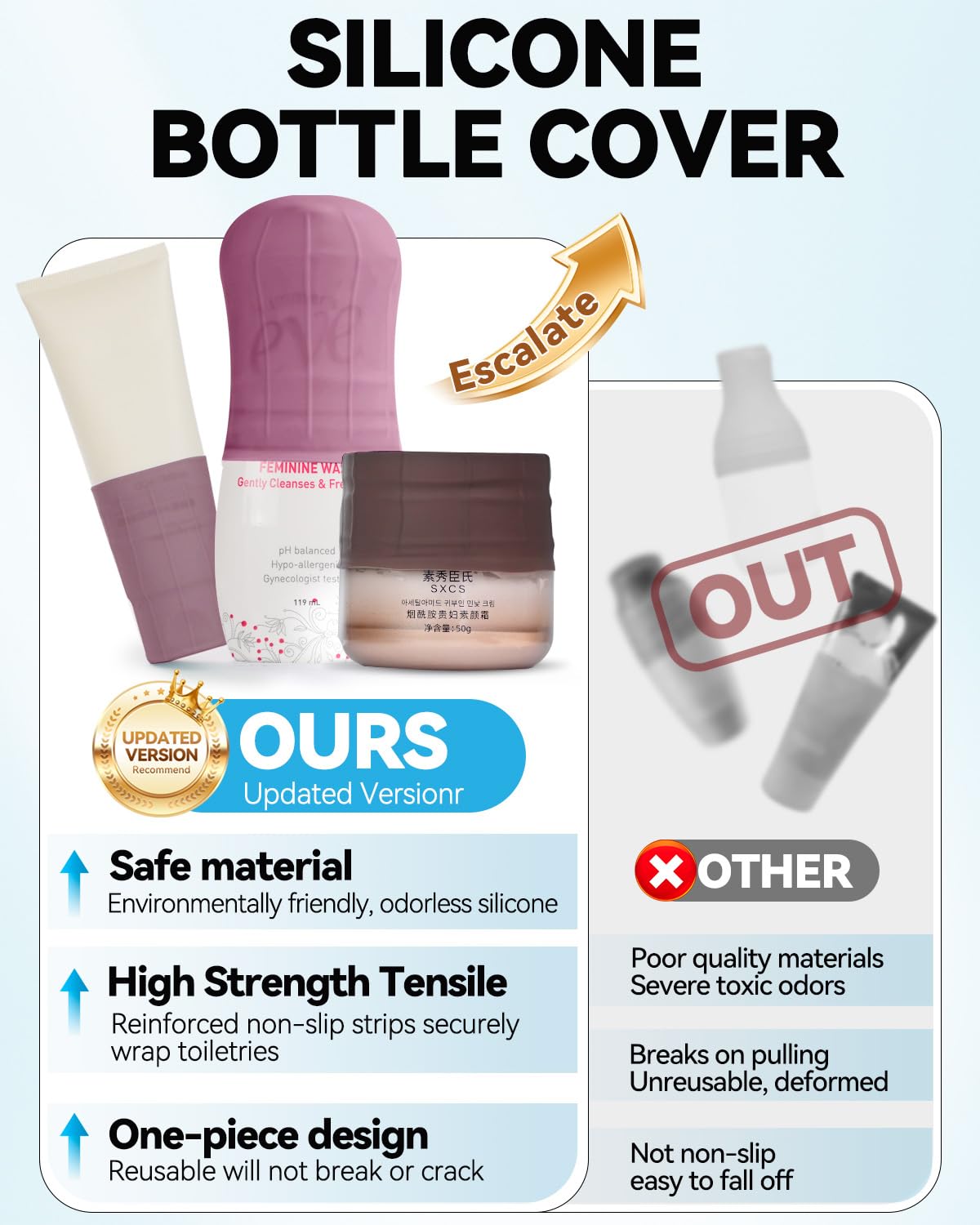 Colorful silicone sleeves provide leak-proof shielding for shampoo and lotions