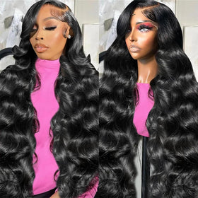 SkyGrow 30-inch body wave lace front wig close-up reveals natural hairline and seamless part