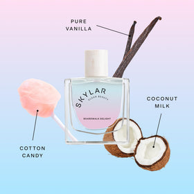 Skylar Boardwalk Delight bottle cap close-up highlighting a hypoallergenic formula for sensitive skin.