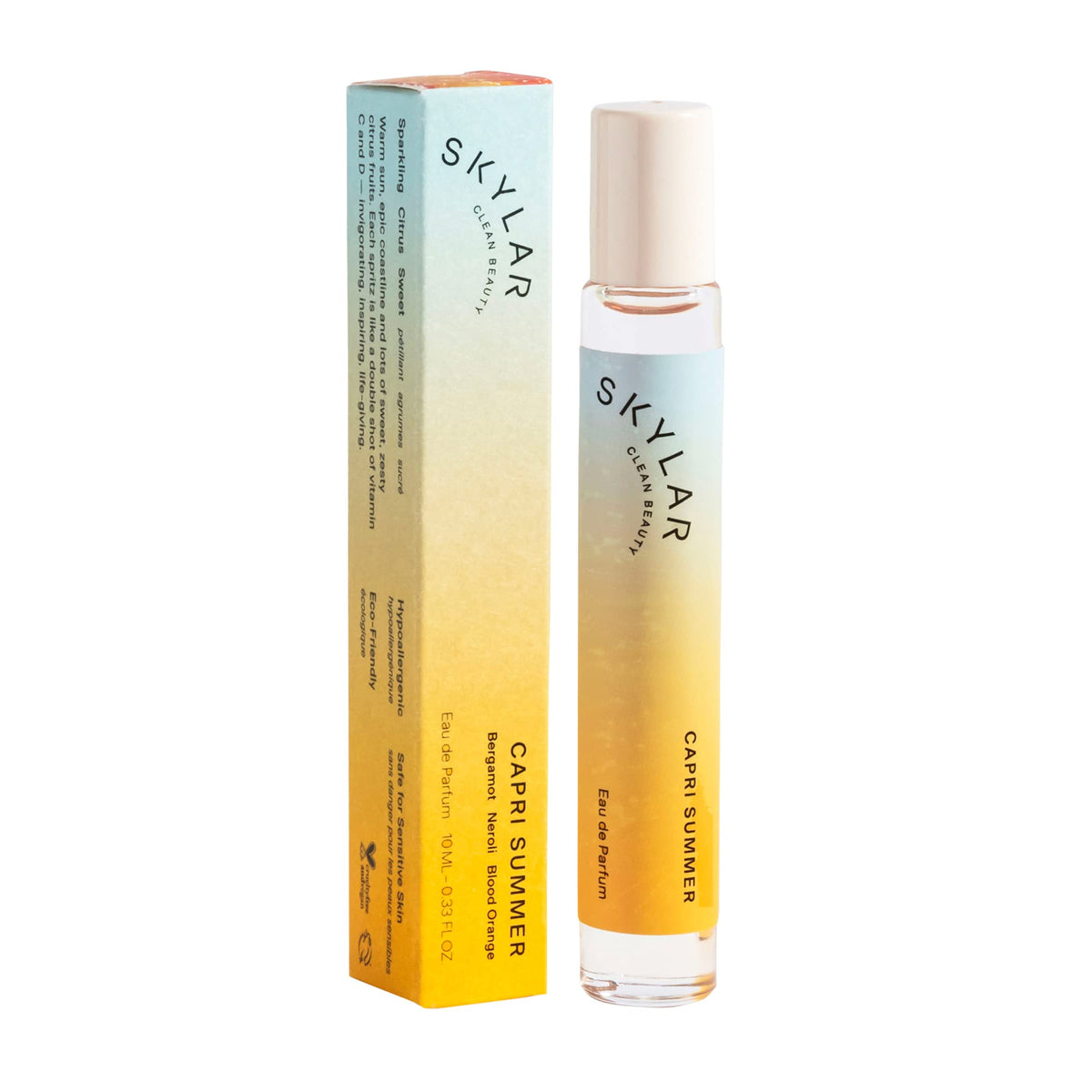 Skylar Capri Summer bottle, a clean hypoallergenic fragrance for sensitive skin.