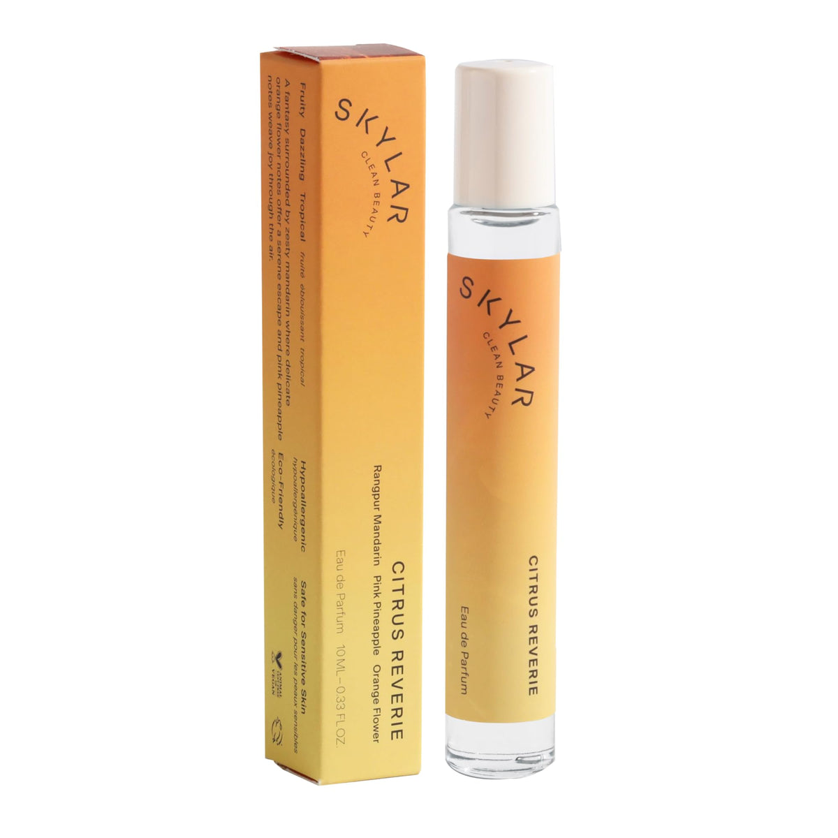 Skylar Citrus Reverie bottle close-up, showcasing clean, hypoallergenic formula for sensitive skin.