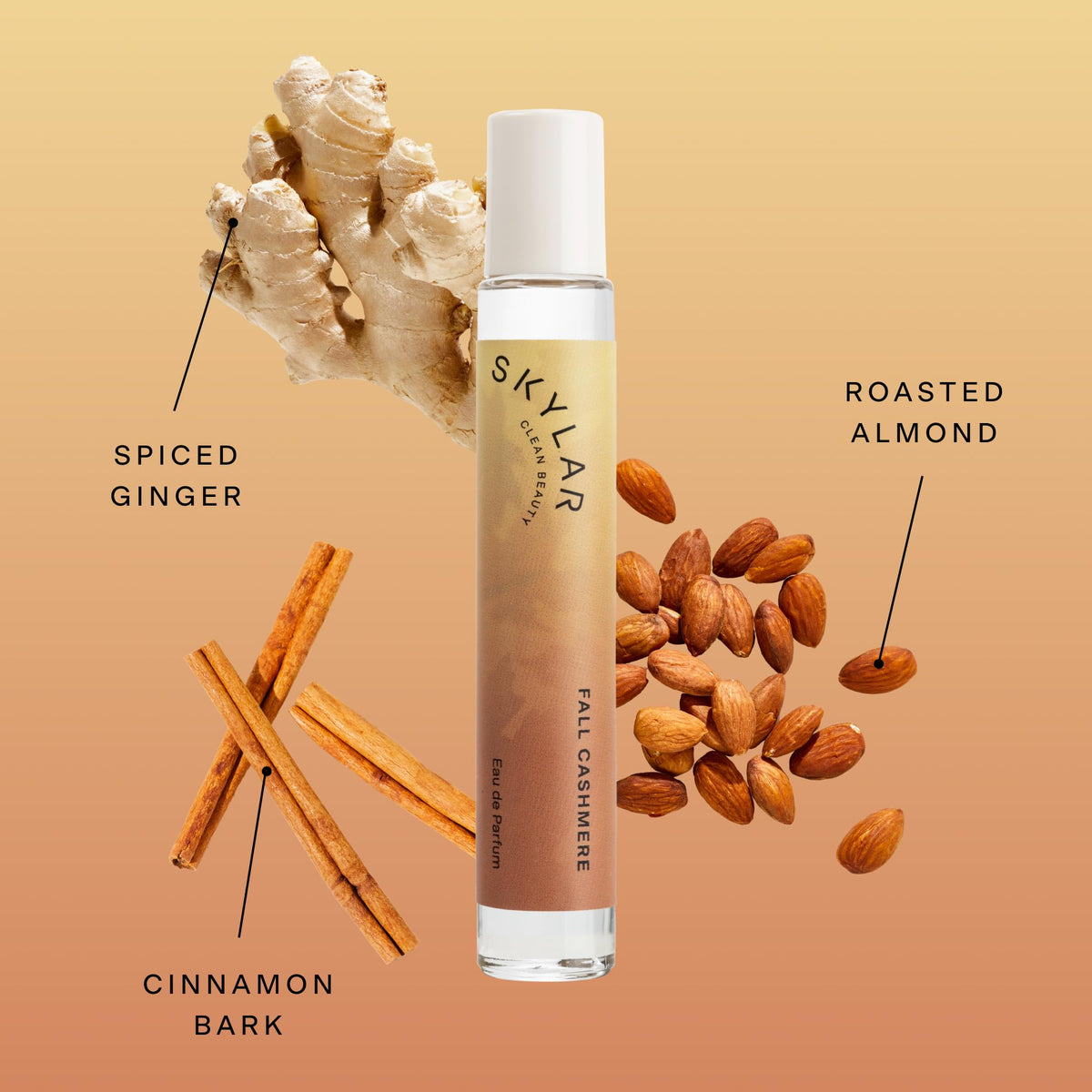 Skylar Fall Cashmere bottle closeup cap, hypoallergenic design for daily wear.